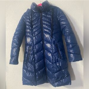 Sam Edelman Hooded Puffer Coat Jacket Parka  Glossy Shiny Blue Size Medium Hood